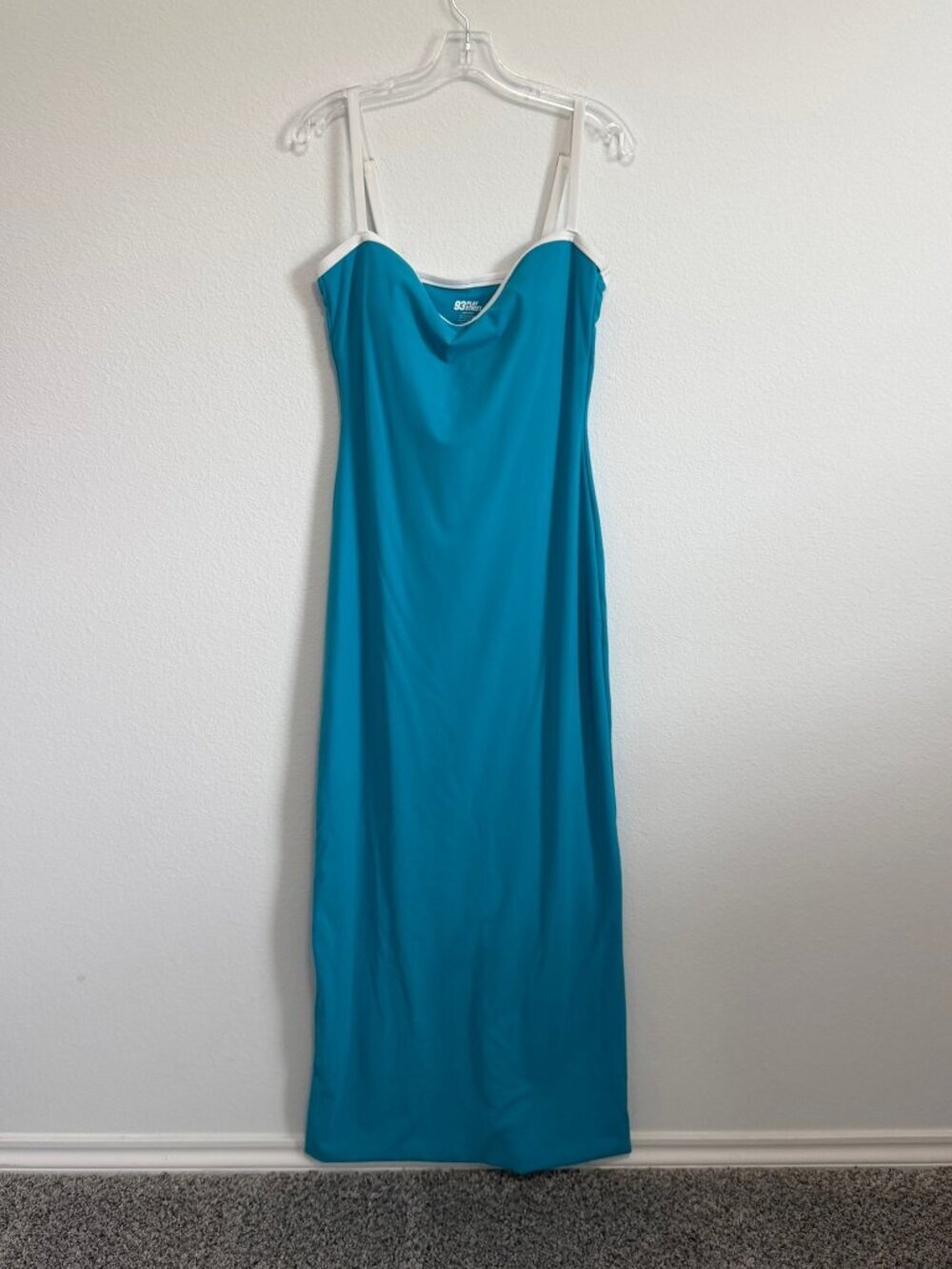 93 Play Street Sleeveless Blue/White Trim Split Back Y2K Maxi Dress Size L.